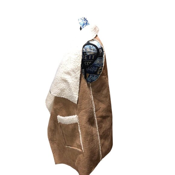 Tan Sherpa Lined Accent Open Front Vest Pockets Warm Cozy Snow Boho Sz L/XL - Picture 9 of 13